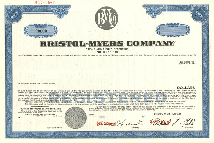 Bristol-Myers Co. - Specimen Stock Certificate